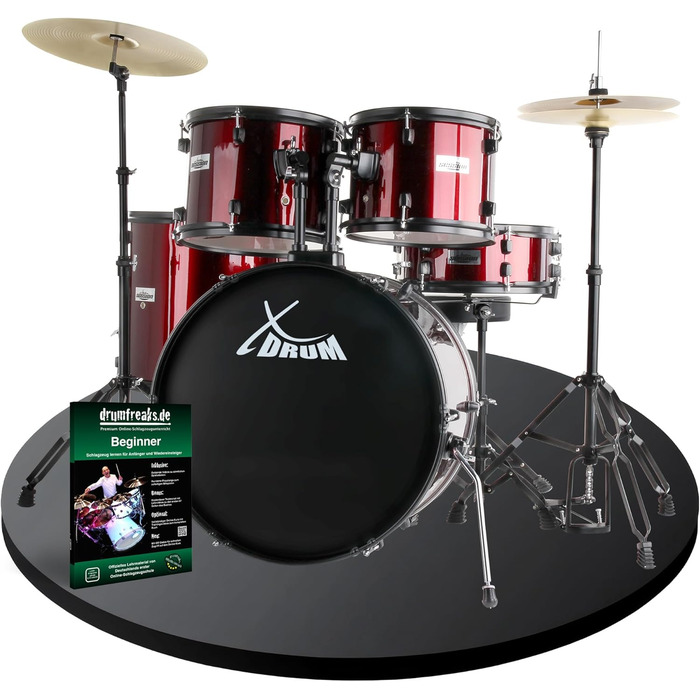 XDrum Rookie 20' барабанний комплект для студії Ruby Red – ідеальний для початківців, стильне чорне обладнання, з паличками, інструкцією та школою барабанів – червоний
