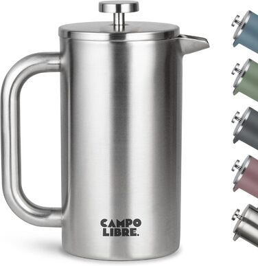 Campo Libre.® Giorgio. French Press Coffee Maker made of double-walled stainless steel 1l | plastic-free coffee press with thermal function incl. replacement filter | coffee maker made of 100% recycled stainless steel 1000ml Matt Steel
