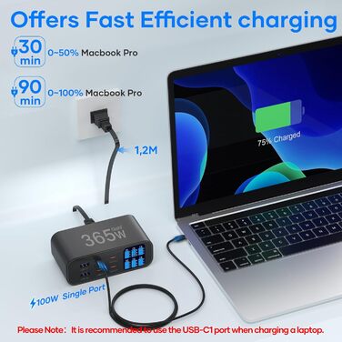 Зарядний пристрій USB-C 365W YSYFAD з 6 портами, PD 100W, QC 3.0, LED індикатор - для MacBook, ноутбуків, iPhone, iPad (Чорний)