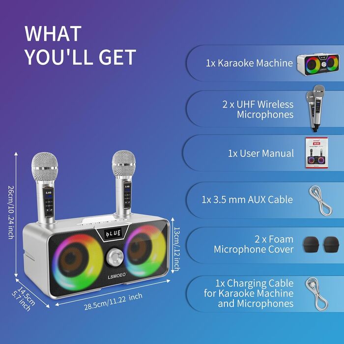 Портативна караоке-машина з Bluetooth, 20W, 2 бездротові мікрофони, PA-система для дому, вечірки, церкви, пікніка, відпочинку на природі (сіра)