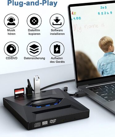Зовнішній CD/DVD привід для ноутбука та ПК USB 3.0 & Type-C, DVD-RW записувач з картридером SD/TF та USB-хабом для Windows, Linux, Vista