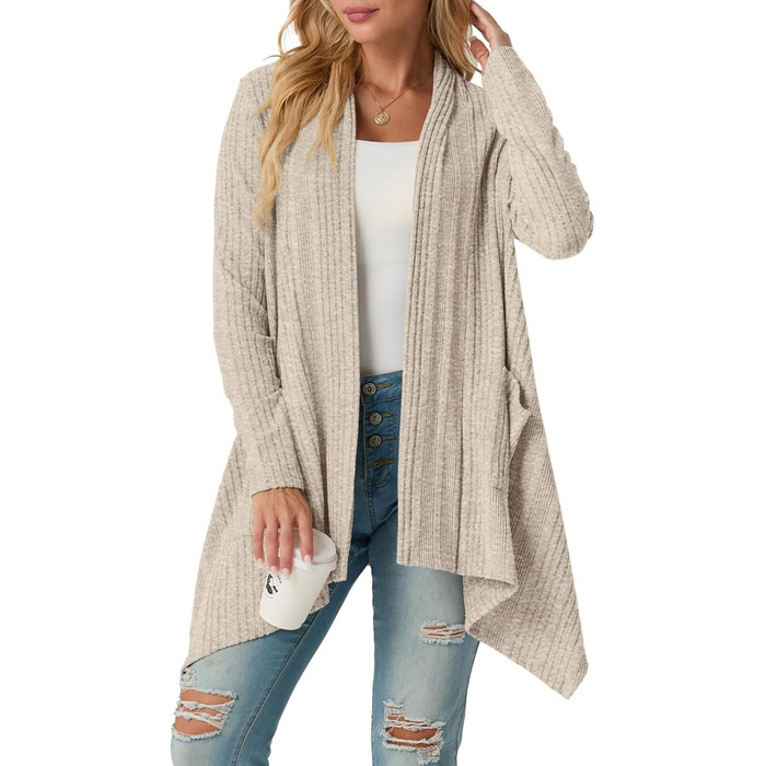 Жакет GRECERELLE з довгими рукавами, легкий в'язаний кардиган з кишенями, м'який, з асиметричним кроєм (S, Бежевий)