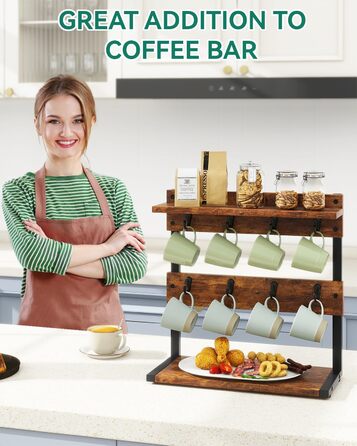 Vintage Mug Holder with 8 Hooks, Coffee Cup Holder for Kitchen Countertop, Cup Stand with Storage Bottom, for Kitchen Dining Room Cafe 40 x 15 x 40 cm, Vintage Brown TBJ002H