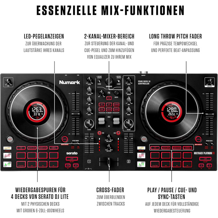 DJ контролер Numark NS4FX: 4 канали, Touch-Jogwheels, Pads, ефекти, Serato DJ Lite, чорний