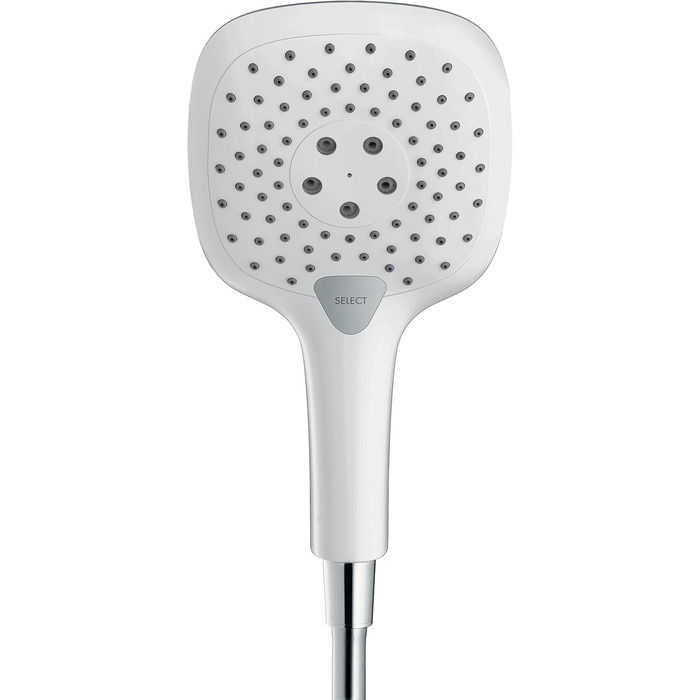 hansgrohe Raindance Select E - Showerhead, Hand Shower with square shower panel (150 x 150 mm), showerhead with anti-limescale function, 26550000 (3 spray patterns with water-saving function, white/chrome)