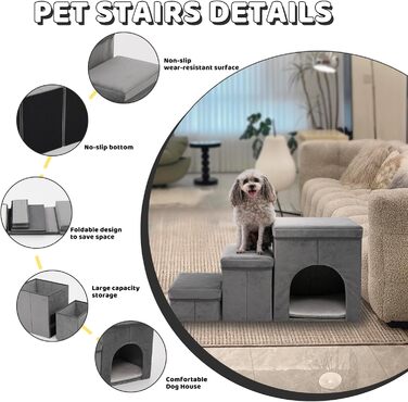 Сходинки для собак на 3 сходинки, 44 см, з місцем для зберігання. Підходить для маленьких собак та котів, зручні для літніх тварин (сірий)