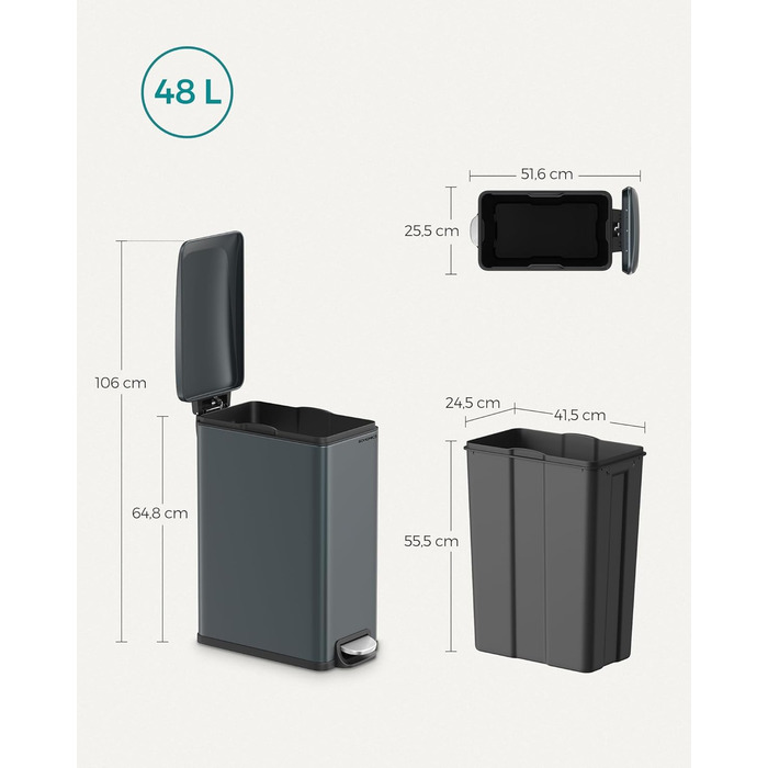 Відро для сміття SONGMICS 20 л з педаллю, м'яким закриттям, з внутрішнім відром, 15 мішків, металік сріблястий LTB543E01