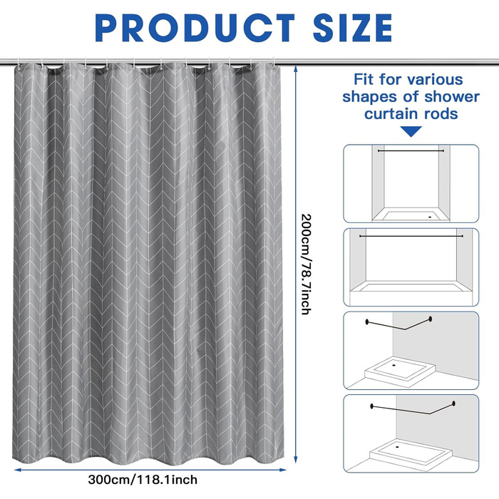 Шторка для душу сіра, водовідштовхувальна, миюча, 180-300 см, широка, з малюнком крапель, з вагою, антибактеріальна, з поліестеру (H200 x B300 см, 1 шт.)