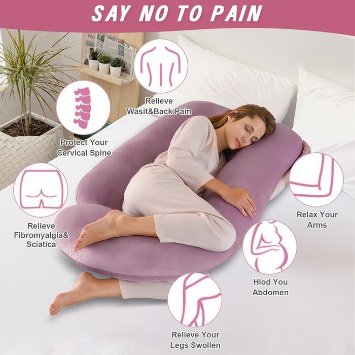 Подушка для вагітних Otauoaea J-подібної форми, подушка для годування XXL, подушка для сну на боці, 145x70 см (рожева, велюр)