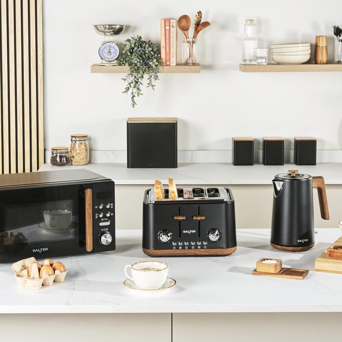 Тостер Salter Toronto 1.7L, 3kW, 360° обертання, фільтр від накипу, дерев'яний дизайн, бездротовий, захист від сухого кипіння, автовимкнення, контролер Otter, чорний