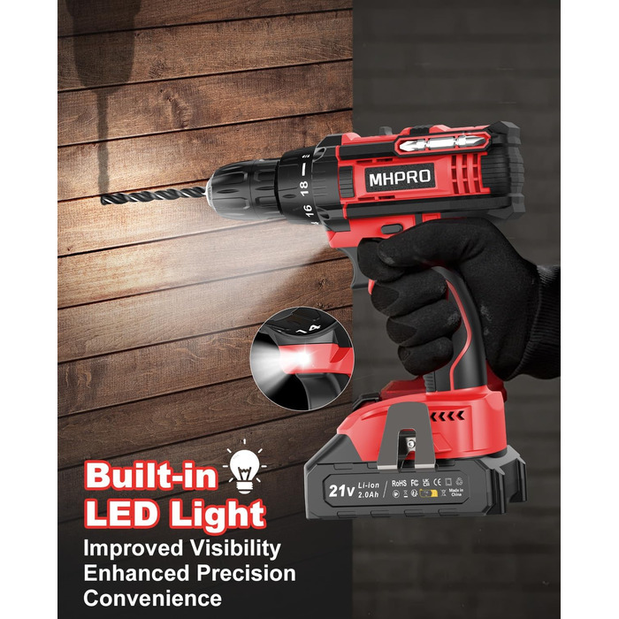 Акумуляторний шуруповерт 21V з набором 2 акумуляторів та 14 аксесуарів, кейс, 42Nm, 18+1 режимів, 10мм патрон, для дому