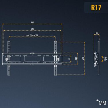 Настінне кріплення для телевізора RICOO R17 40-100 дюймів, до 100 кг, VESA 200x200 - 700x400, похиле
