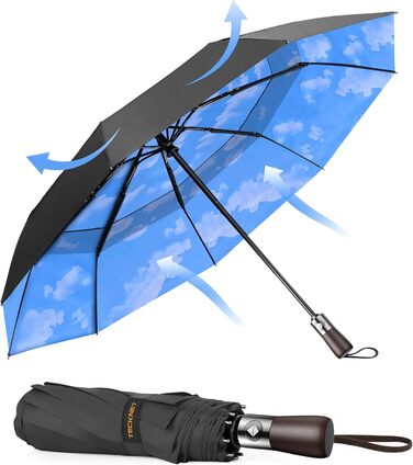 TECKNET Автоматичний парасолька-тростина, штормостійкий, легкий у відкриванні та закриванні, синій та білий