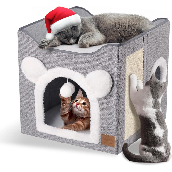 Foldable Cat House, 2-Tier Cat Cave Cube Large Space Cat Bed with Scratching Board and Play Ball for Small to Medium Pets Indoor Retreat 40 * 40 * 35cm Grey