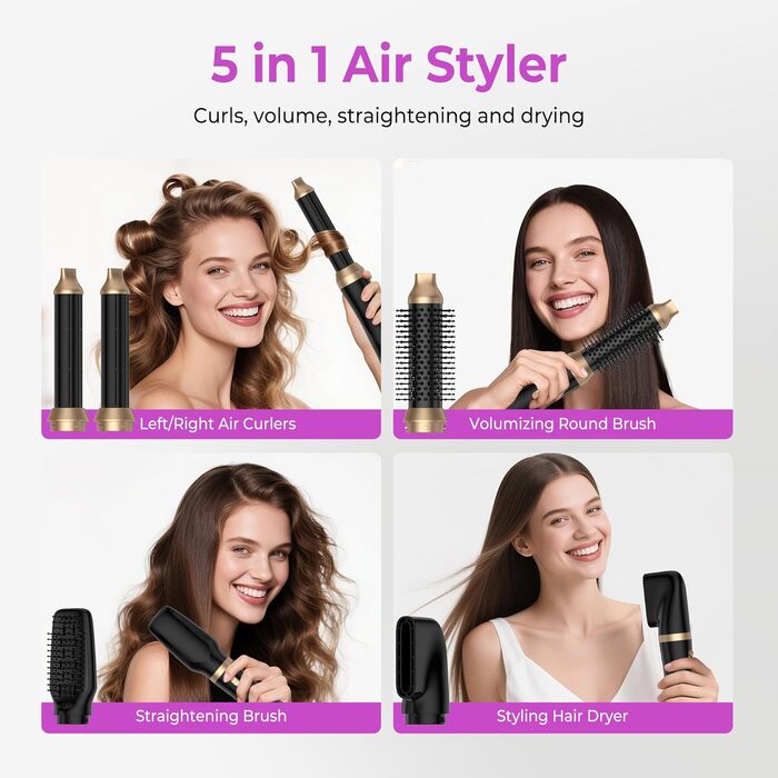 Мультистайлер для волосся 5-в-1 з термощіткою, фен-щіткою, круглою щіткою, плойкою та випрямлячем. Потужність 1000 Вт, 3 температурні режими. Для об'єму, випрямлення, локонів та сушіння. Білий (Чорний)