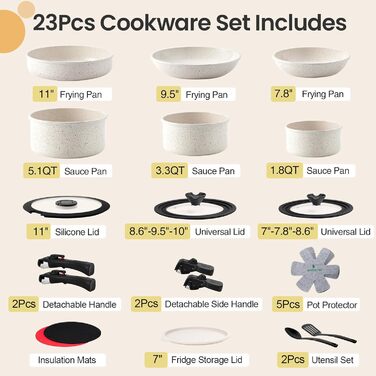 Набір посуду STONE B-23 (23 предмети) з керамічним покриттям, знімні ручки, індукція, сумісний з духовкою, для дому та кемпінгу
