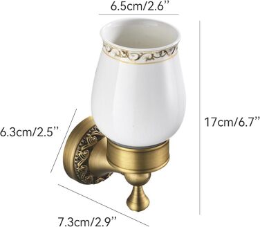 Brass toothbrush holder, antique bronze finish, cup holder with white ceramic cup, wall-mounted, bathroom accessories, patterned carved design