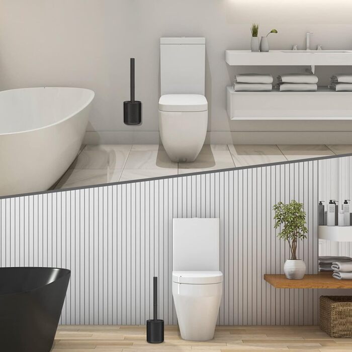 HOMEASY Silicone Toilet Brush Black - Stainless Steel Toilet Brush with Stainless Steel Holder, Flexible Silicone WC Brush Set, Toilet Brush with Holder, Wall Mount (No Drilling) & Stand for Bathroom