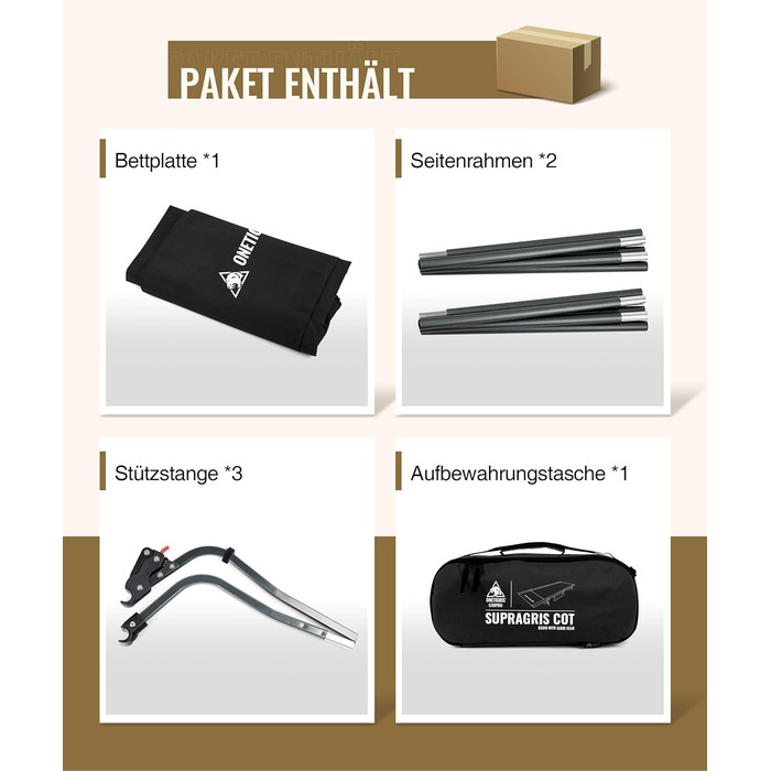 OneTigris SUPRAGRIS складане ліжко для кемпінгу, туристичне ліжко, легке складане ліжко до 180 кг для намету, відпочинку на природі, подорожей, саду, офісу (190 × 70 × 18 см) (Чорний)