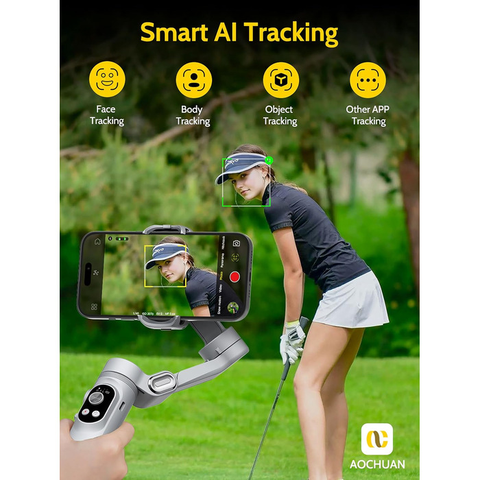 Стабілізатор для смартфона AOCHUAN з 3 осями, з функцією розпізнавання облич, вбудованим світлом, 1/4