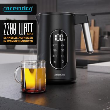 Електричний чайник Arendo з регулюванням температури, нержавіюча сталь, подвійні стінки Cool Touch, дисплей, бездротовий, 2200 Вт, 1,7 л, захист від перегріву, функція підтримання тепла, чорний