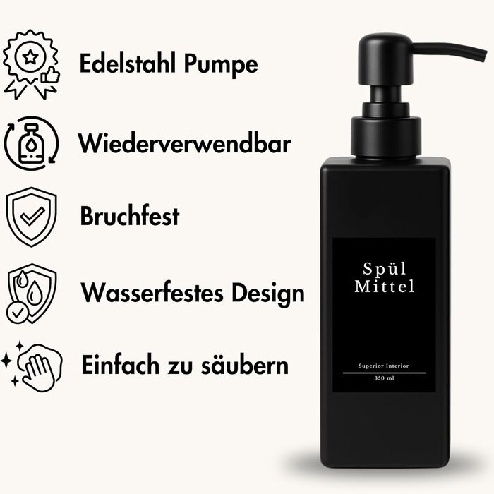 Диспенсер для мила скляний чорний матовий 2 шт, 350 мл з нержавіючою помпою для кухні та ванної кімнати + етикетки