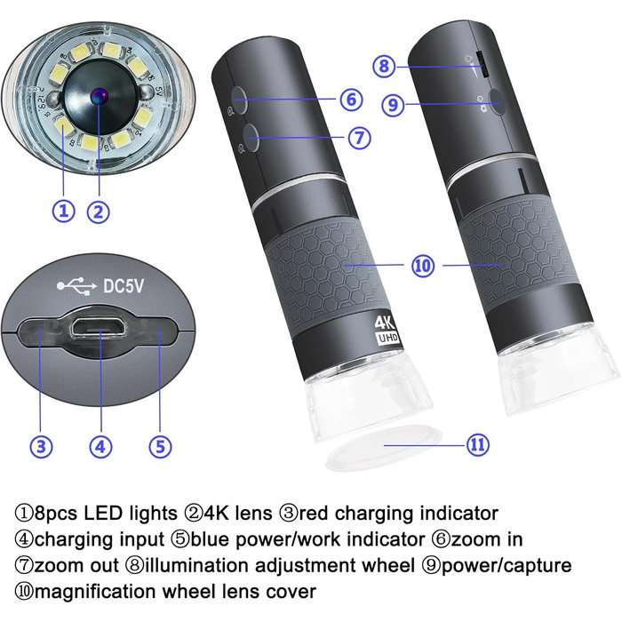 Цифровий мікроскоп Jiusion WiFi USB з підключенням до iPhone, iPad, Android, Mac, Windows, Linux, Chrome, 50-1000x збільшення, 4K камера, 8 LED, металевий штатив