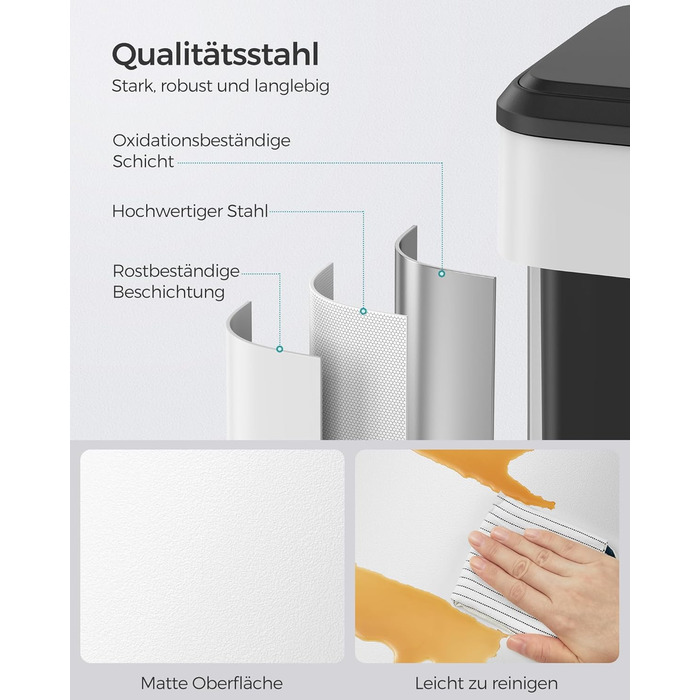 SONGMICS Відро для сміття кухонне, 40 літрів, з кришкою, з педаллю, Softclose, утримання кришки, біле LTB541E40