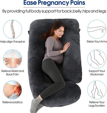 Подушка для вагітних Cauzyart U-подібна, повного тіла, для підтримки спини, стегон, ніг та живота. Знімна, пральна наволочка, чорна.