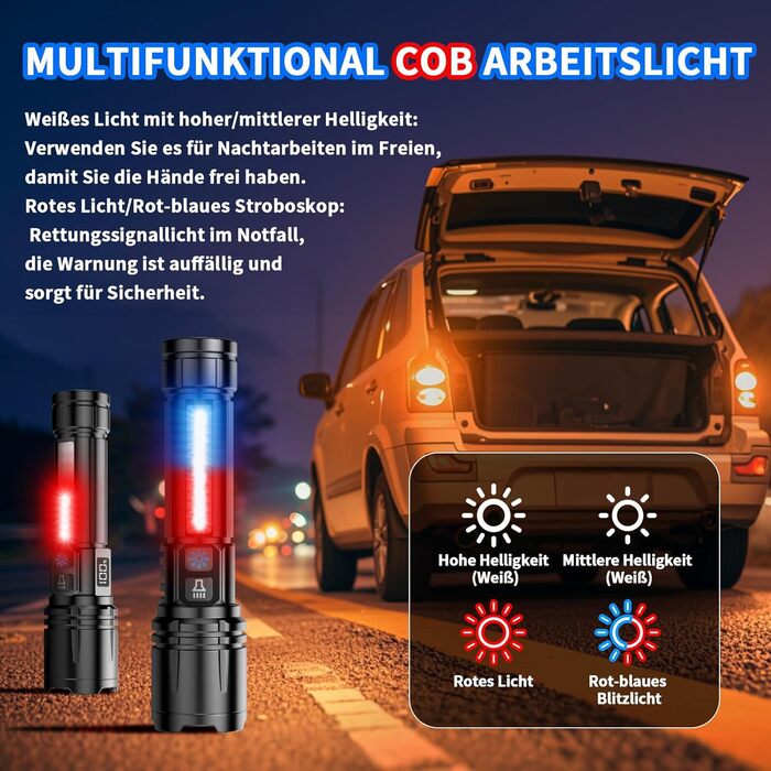 Ліхтар Shadowhawk XHM90.2: Потужний LED ліхтар з LCD дисплеєм, COB бічне світло, 7 режимів, 500000 люмен, тактичний, для кемпінгу та активного відпочинку, чорний