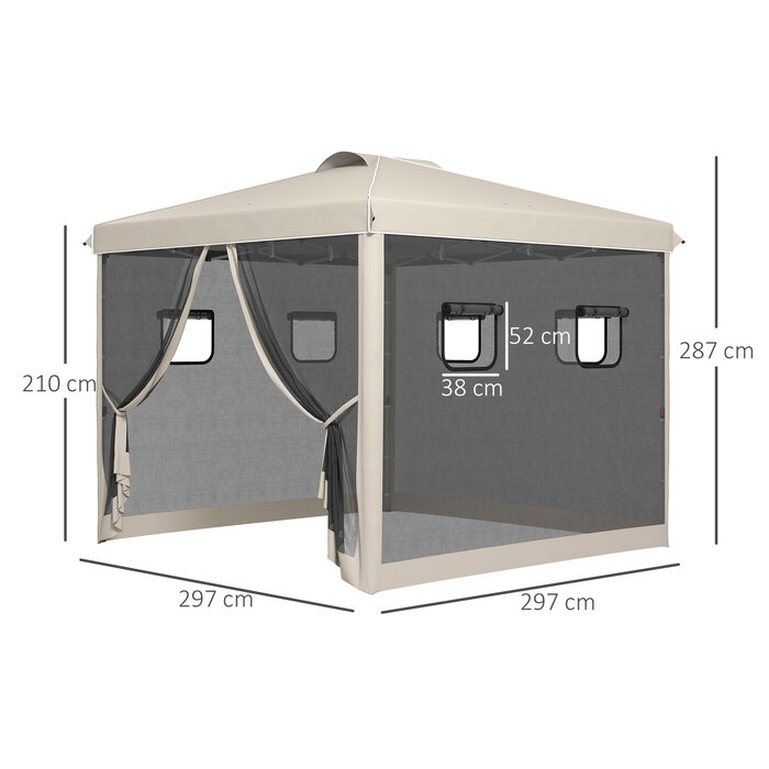 Outsunny Folding Gazebo 3x3m with 4 Mosquito Curtains, UV Protection, Pop-Up Design, Window & Carry Bag, Beige for Garden Parties