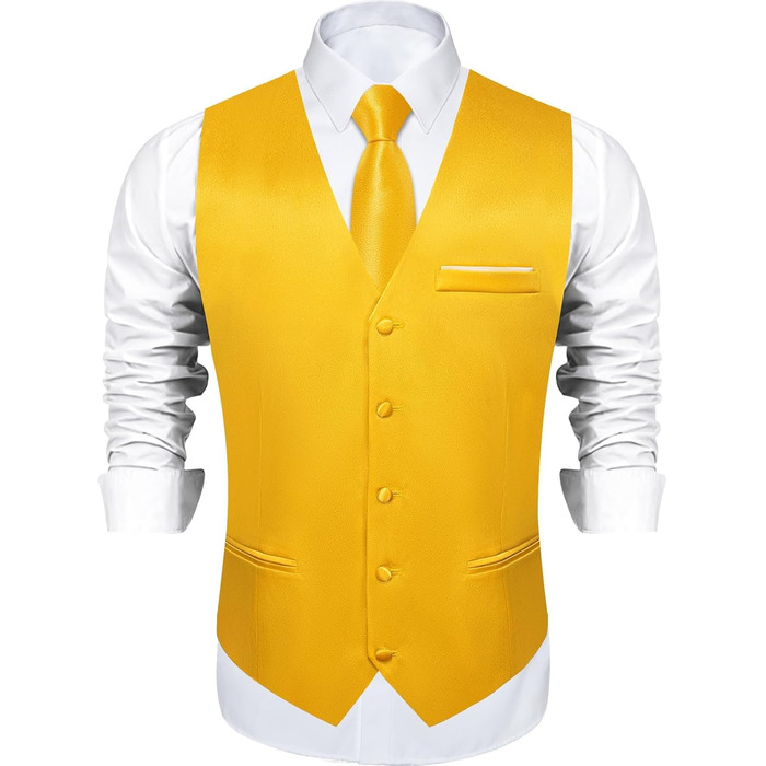Костюм-жилет та краватка DiBanGu з атласу, 8 предметів, однотонний жилет та краватка з брошкою для смокінгу, весілля, формальних заходів (XL, жовтий)