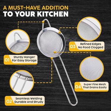 Набір сит Jojeys 3 розмірів - металеві сита з нержавіючої сталі, дрібний отвір - кухонне сито з нержавіючої сталі для приготування їжі та випічки, придатне для миття в посудомийній машині (8см)