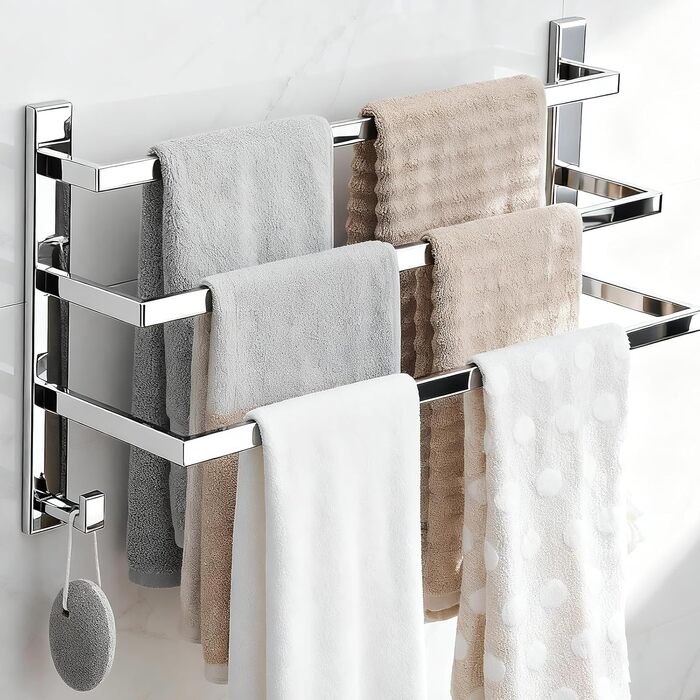 Тримач для рушників без свердління для ванної кімнати | Без бактерій | Прихований кріплення | Тримач рушників з гачками - нержавіюча сталь SUS 304, нержавіюча сталь, полірована | з дзеркальним покриттям