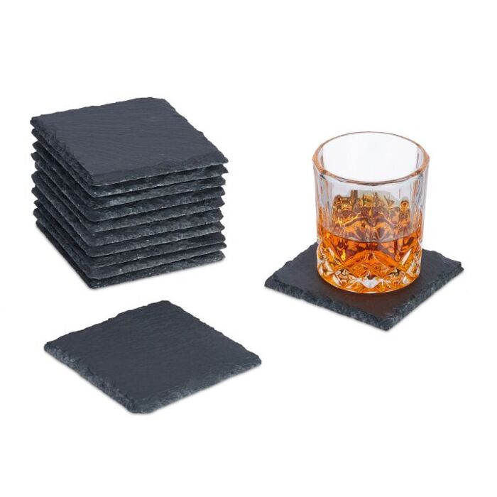 Relaxdays 12-Piece Slate Coasters, 10x10 cm