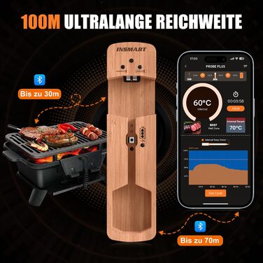 INSMART Wireless Meat Thermometer, Bluetooth Grill Thermometer 100m, IPX7 Waterproof Roasting Thermometer with Smart APP, Cooking Meat Thermometer for Oven, Grill, Smoker, Rotisserie, Air Fryer
