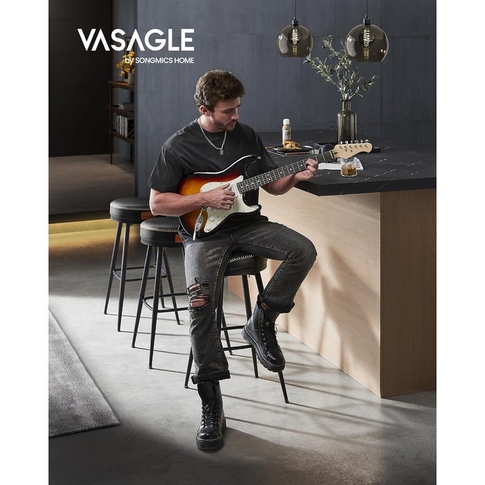 Барний стілець VASAGLE EKHO, 2 шт., 76 см, оббивка з екошкіри, чорний, Mid-Century Modern, для кухні/барної стійки
