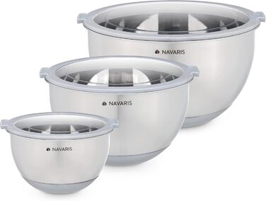 Navaris Stainless Steel Bowl Set with Lid - 3-Piece Mixing Bowl Salad Bowl - Stainless Steel Bowl Bowl Set Container in Grey