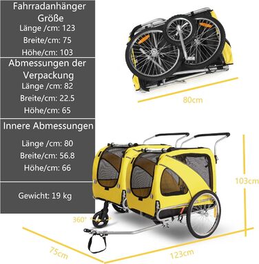Трансформер для собак XL: велосипедний/біговий, 2-в-1, з гальмом та світловідбивачами, 600D Oxford, до 40 кг, жовтий