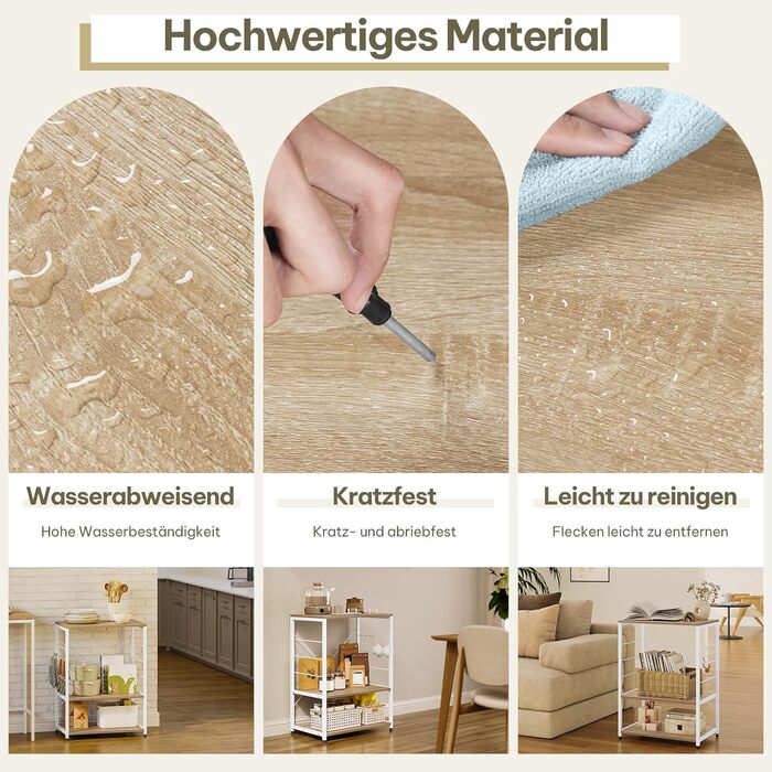 Kitchen Shelf, Microwave Shelf with 4 Hooks, Baking Shelf with 3 Tiers, Storage Shelf for Kitchen, Cafe, Living Room, Bathroom, 60 x 82 x 40 cm, Light Oak + White