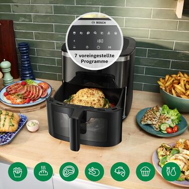Bosch Serie 6 Hot Air Fryer XXL - 7.2L Capacity, 7 Pre-set Programs, Illuminated Window, Fast Cooking, Black