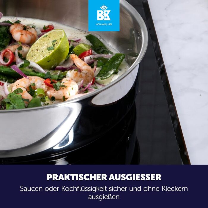 Сковорода BK Bright з нержавіючої сталі з охолоджувальною ручкою, професійне приготування їжі, 18/10 нержавіюча сталь, індукційна плита, термостійка до 230°C, безпечна для запікання, придатна для миття в посудомийній машині, срібна, 28 см