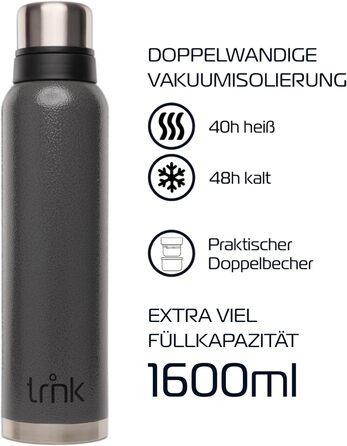 Термос Outdoor TRNK Polar 2 - 1600 мл, нержавіюча сталь, BPA-free, зберігає тепло 40 годин, 2 кришки-чашки, для миття в посудомийній машині (лісово-зелений, вулкано-сірий)