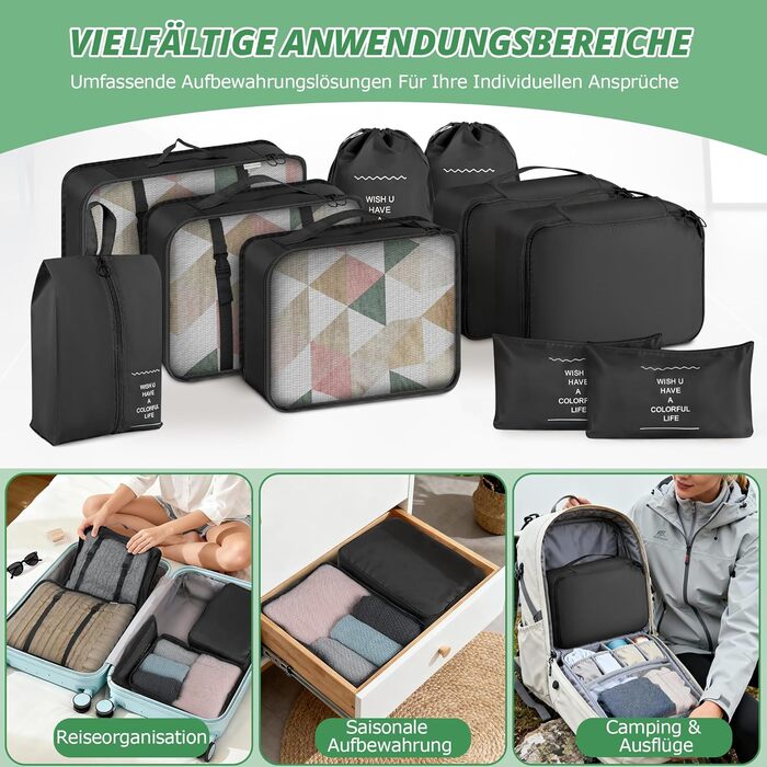 Органайзер для валізи, набір 10 шт: пакувальні куби, водонепроникні мішки для одягу, взуття, косметики, аксесуарів. Чорний колір.