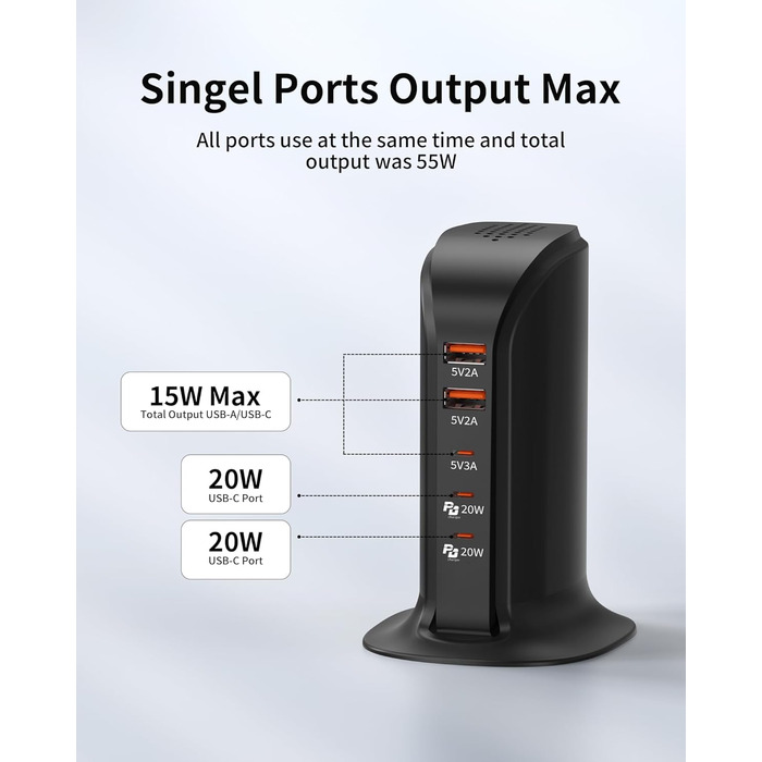 Зарядний пристрій USB-C 55W багатопортовий для iPhone, iPad, Samsung та інших пристроїв - Вежа USB-станція з 5 портами