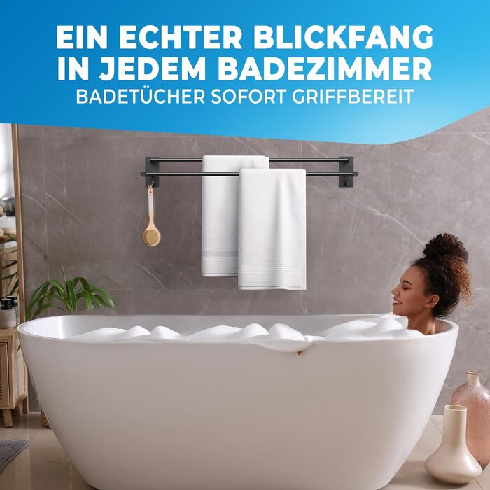 Тримач для рушників без свердління, нержавіюча сталь, чорний - з двома гачками, 80 см, для ванної кімнати, душової кабіни, кухні