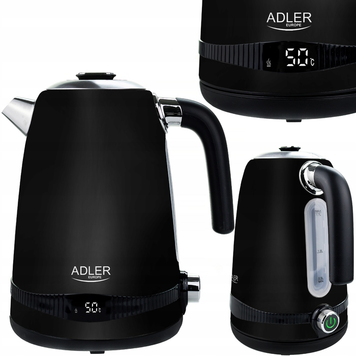Електричний чайник ADLER AD 1295b, 1,7 л, сталь, LCD-дисплей, регулювання температури
