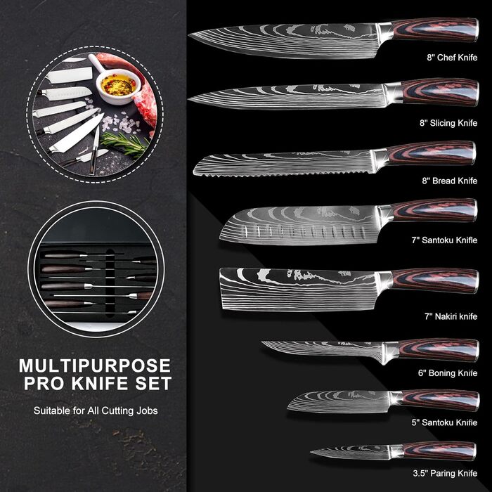 Набір кухонних ножів Gustrug 8 предметів: високоякісна сталь, гострі леза, ергономічні ручки, подарункова коробка. Ідеально для дому та ресторану