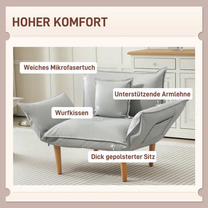 Крісло HOMCOM 2-в-1, крісло для відпочинку з подушкою, підлогове крісло з регульованою спинкою, м'яке крісло, одноразове крісло для вітальні, мікрофібра, світло-сірий | Aosom