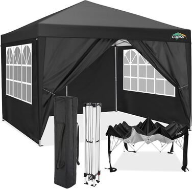 COBIZI Gazebo 3x3 Waterproof, Stable, Winter-Proof Party Tent 3x3 with 4 Side Walls, Pop-Up Folding Gazebo, UV Protection 50+, Garden Gazebo with Handbag, 8x Pegs and 4x Wind Rope, Black